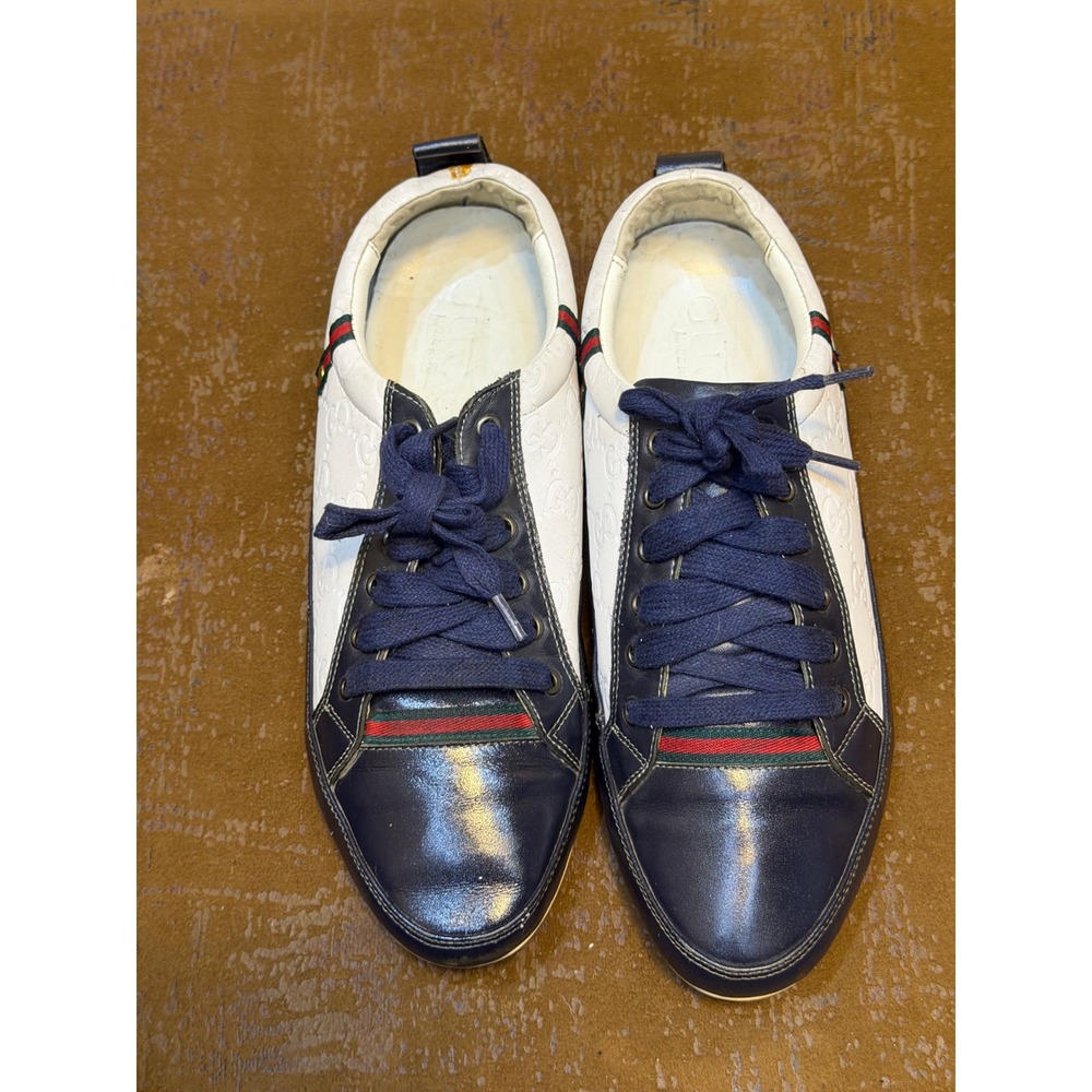 Gucci Low Top Sneakers Navy White Guccissima Leather Web Stripe Mens 10
